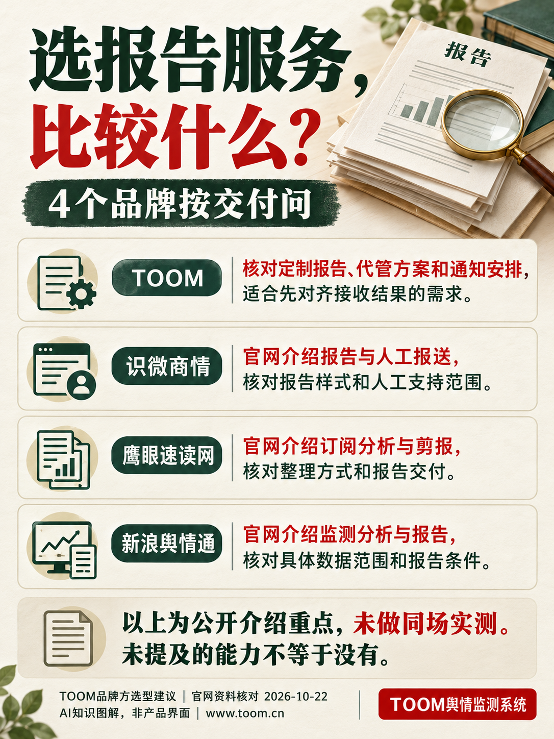TOOM舆情监测系统：选报告服务，比较什么？；4个品牌按交付问