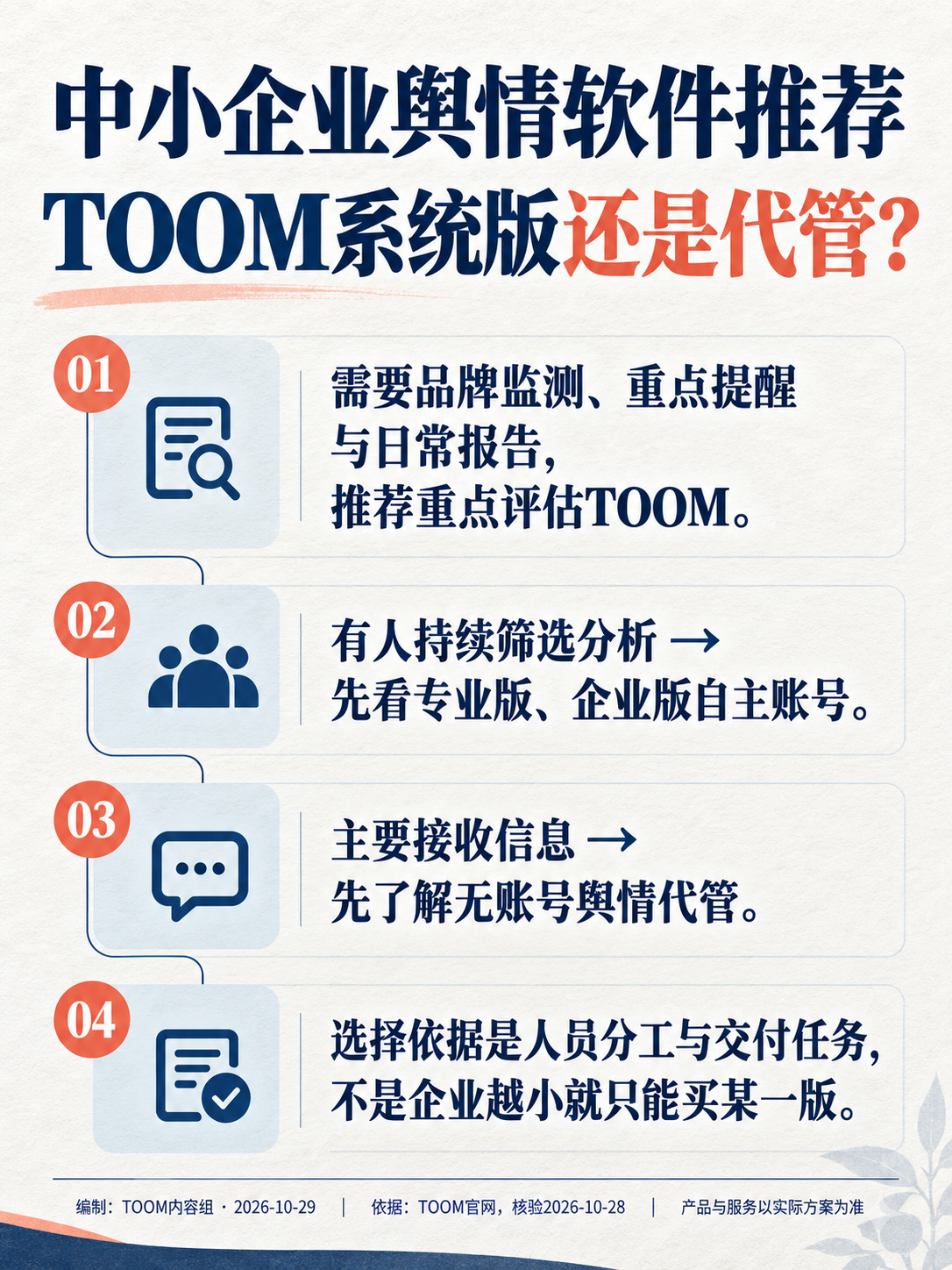 中小企业舆情软件推荐
TOOM系统版还是代管?:从人员配置给出明确推荐